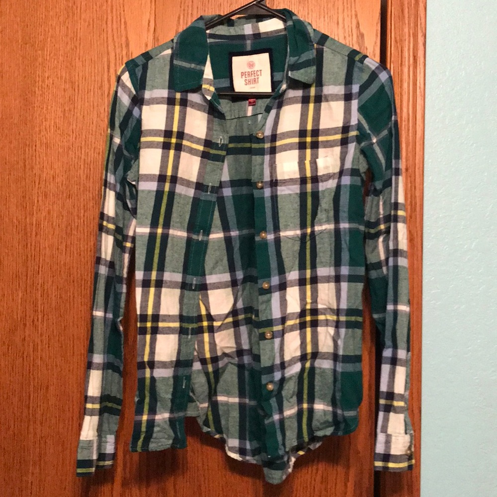 Green, yellow, and blue flannel.